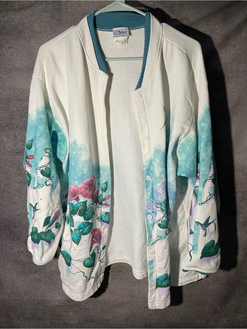 Vtg Artisans Sunschein Fleece Cardigan Jacket 2XL Hummingbird Morning Glory AOP